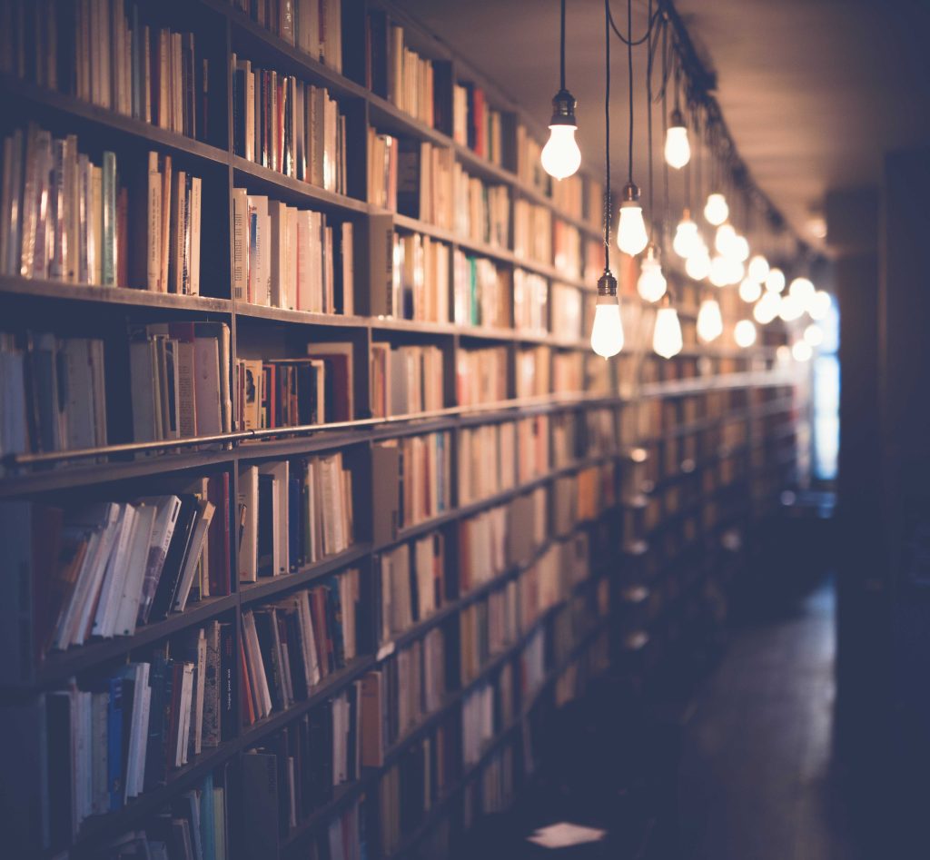 Photo portrays ceiling to floor and wall to wall books in a library setting with soft lighting provided by pendant lights hanging from the ceiling and a window barely visible at the edge of the photo.