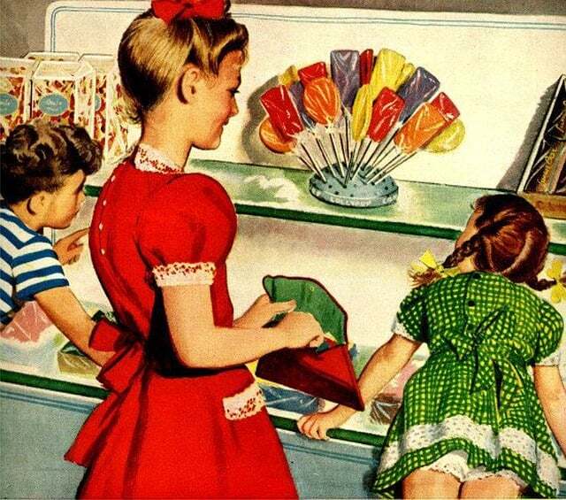 An illustration from approximately the 1950s of three children standing in front of a store counter with a display of lollipops. The young boy and girl are staring at the candy, and the older girl is opening a small pocketbook.