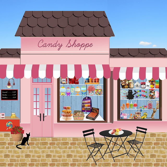 A cartoon illustration of the outside of a pink "Candy Shoppe" with various treats showing in the window and a table and chairs set outside.